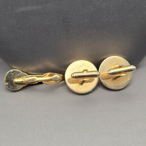 VTG Shields Gold Tone Monogram T Cufflinks & Tie Clip Set 1.5" & .75" Textured - Picture 6 of 9